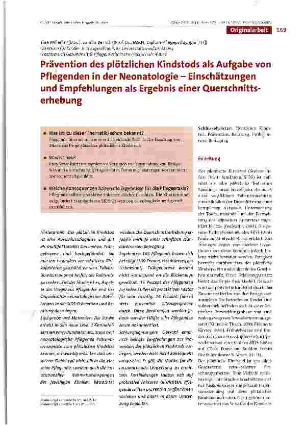 Vorschauseite 1: Prävention des plötzlichen Kindstods als Aufgabe von Pflegenden in der Neonatologie - Einschätzungen und Empfehlungen als Ergebnis einer Querschnitts-erhebung