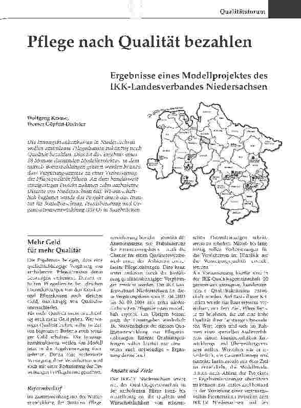 Vorschauseite 1: Pflege nach Qualität bezahlenErgebnisse eines Modellprojektes des IKK-Landesverbandes Niedersachsen