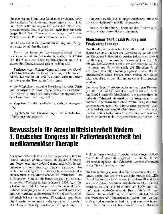 Vorschauseite 1: Bewusstsein für Arzneimittelsicherheit fördern -1. Deutscher Kongress für Patientensicherheit bei medikamentöser Therapie