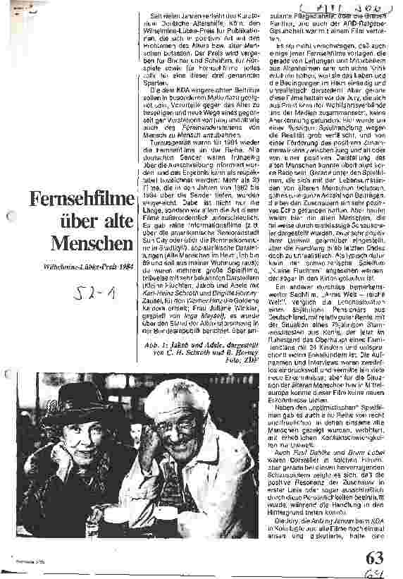 Vorschauseite 1: Fernsehfilme über alte Menschen Wilhelmine-Lübke-Preis 1984