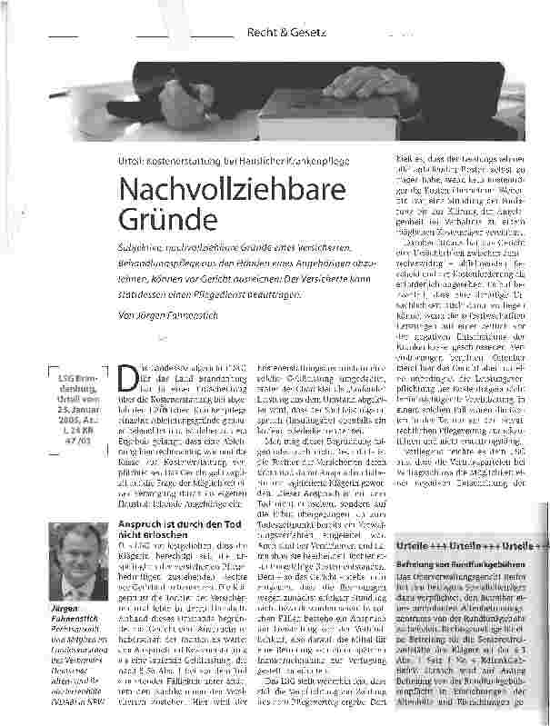 Vorschauseite 1: Nachvollziehbare GründeUrteil: Kostenerstattung bei Häuslicher Krankenpflege