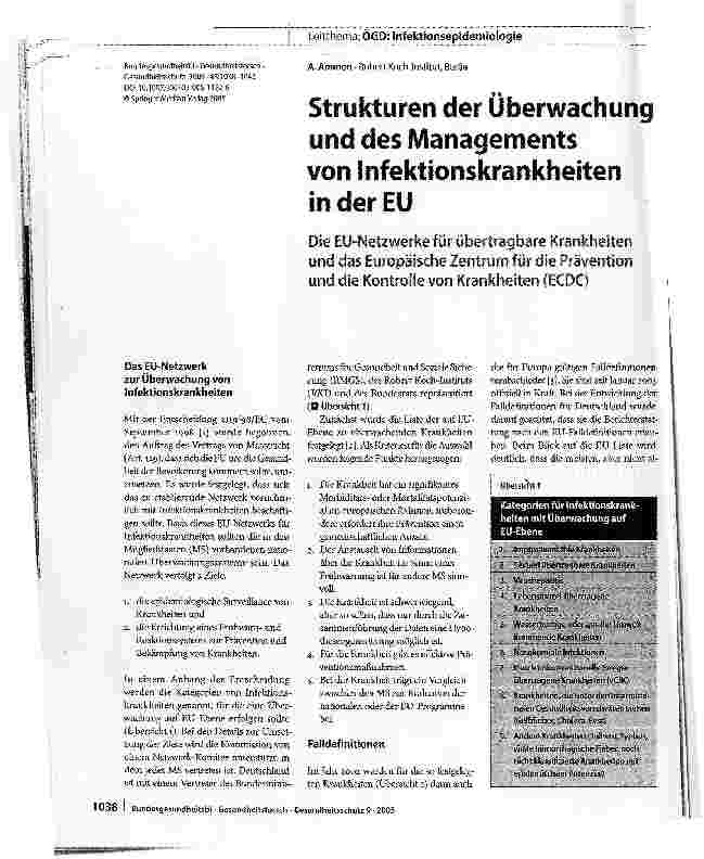 Vorschauseite 1: Strukturen der Überwachung und des Managements von Infektionskrankheiten in der EUund die Kontrolle von Krankheiten (ECDQ