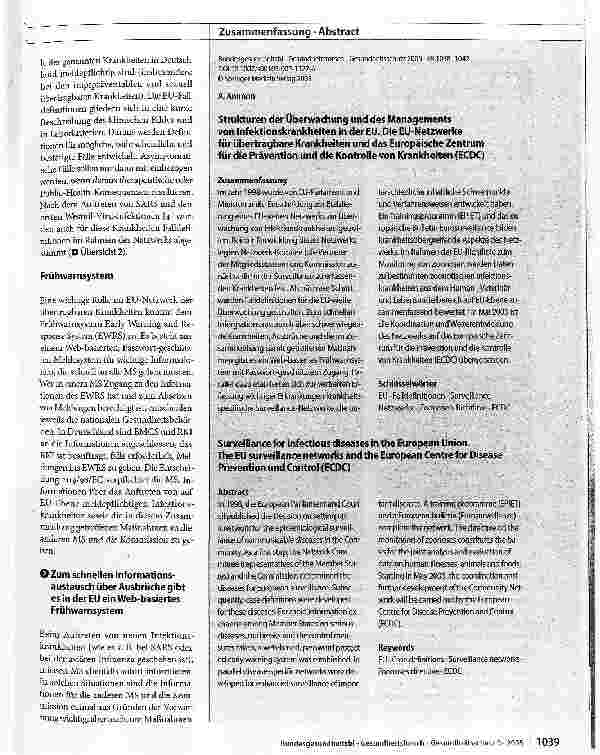 Vorschauseite 2: Strukturen der Überwachung und des Managements von Infektionskrankheiten in der EUund die Kontrolle von Krankheiten (ECDQ