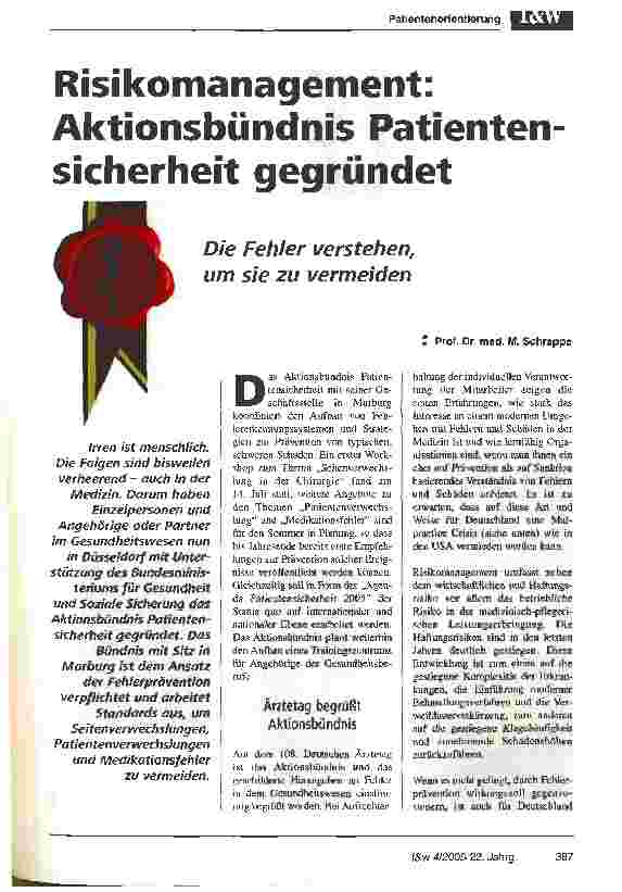 Vorschauseite 1: Risikomanagement: Aktionsbündnis Patienten sicherheit gegründet