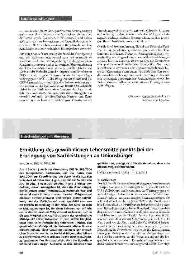 Vorschauseite 1: Ermittlung des gewöhnlichen Lebensmittelpunkts bei der Erbringung von Sachleistungen an Unionsbürger Verordnung (EG) Nr. 883/2004