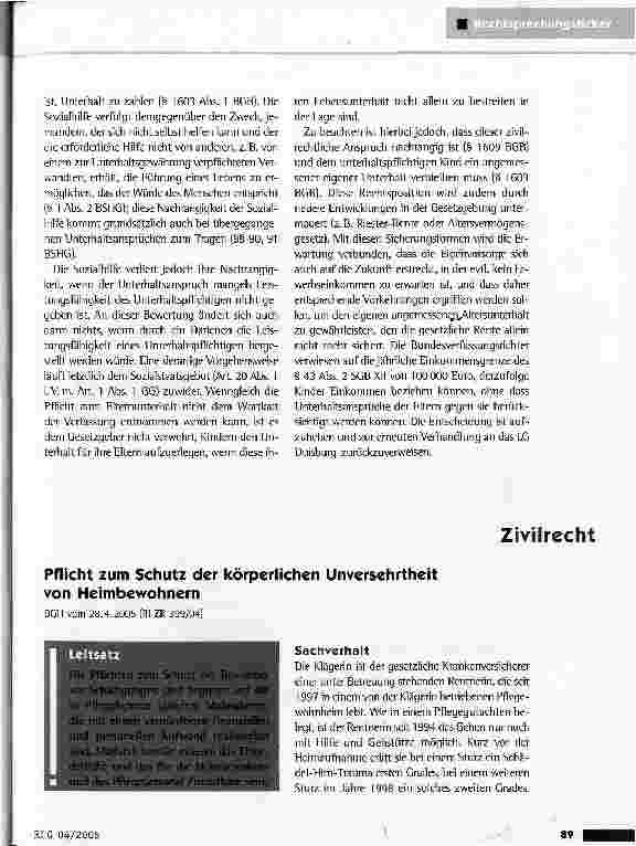 Vorschauseite 1: Pflicht zum Schutz der körperlichen Unversehrtheit von HeimbewohnernBGH vom 28.4.2005 (111 ZR 399/04)
