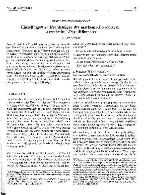 Vorschauseite 1: Einzelfragen zu Rechtsfolgen des markenrechtswidrigen Arzneimittel-Parallelimports