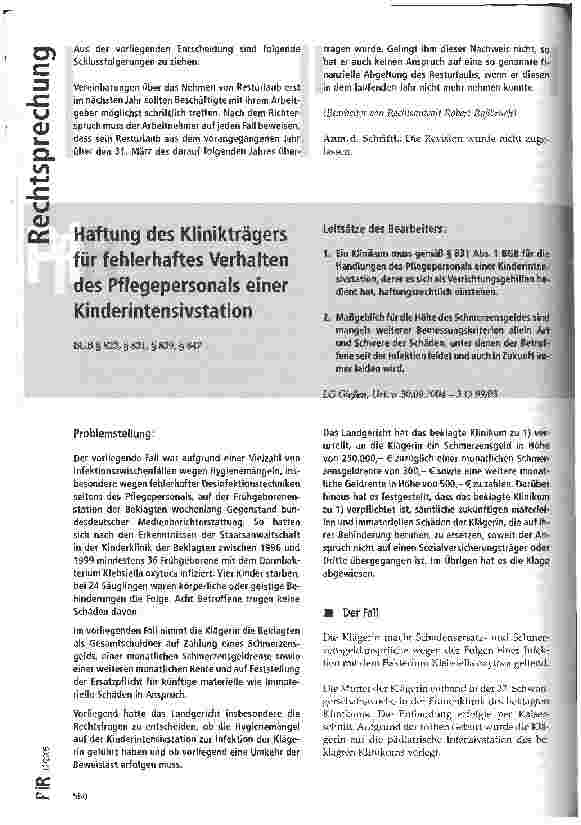 Vorschauseite 1: Haftung des Klinikträgers für fehlerhaftes Verhalten des Pflegepersonals einer Kinderintensivstation