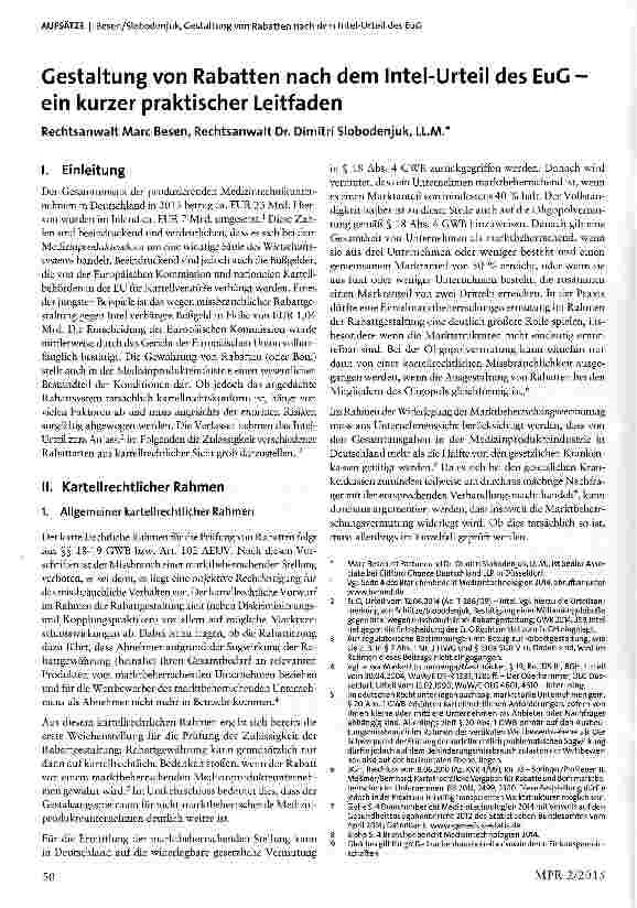 Vorschauseite 1: Gestaltung von Rabatten nach dem Intel-Urteil des EuG ein kurzer praktischer Leitfaden