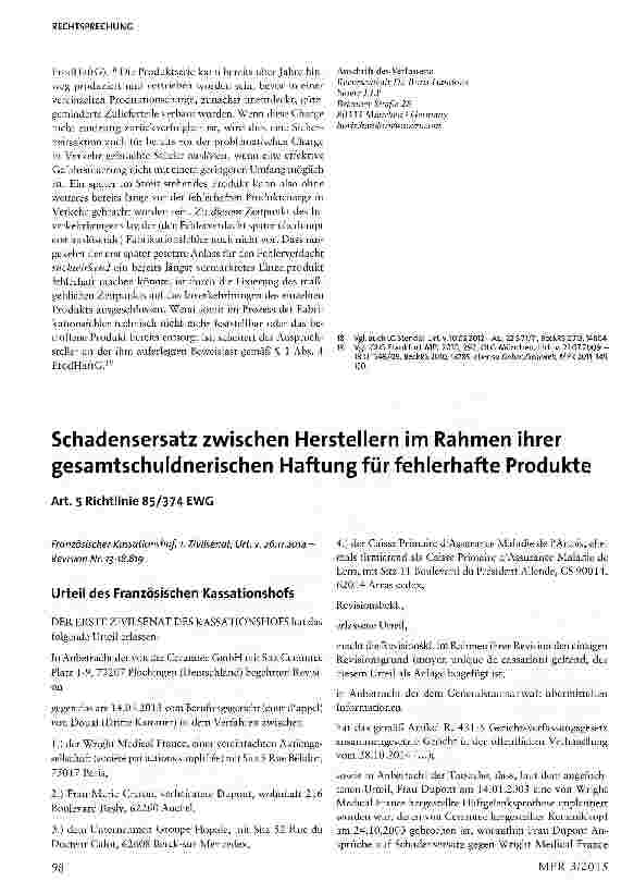 Vorschauseite 1: Schadensersatz zwischen Herstellern im Rahmen ihrer gesamtschuldnerischen Haftung für fehlerhafte ProdukteArt. 5 Richtlinie 85/374 EWG