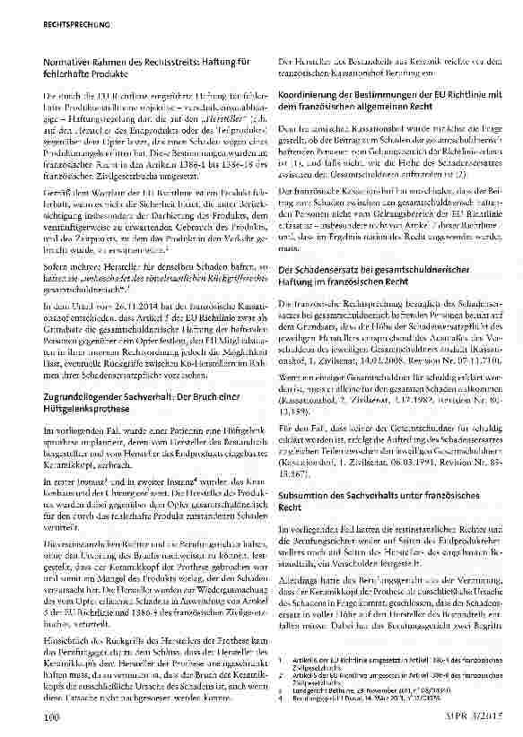 Vorschauseite 3: Schadensersatz zwischen Herstellern im Rahmen ihrer gesamtschuldnerischen Haftung für fehlerhafte ProdukteArt. 5 Richtlinie 85/374 EWG