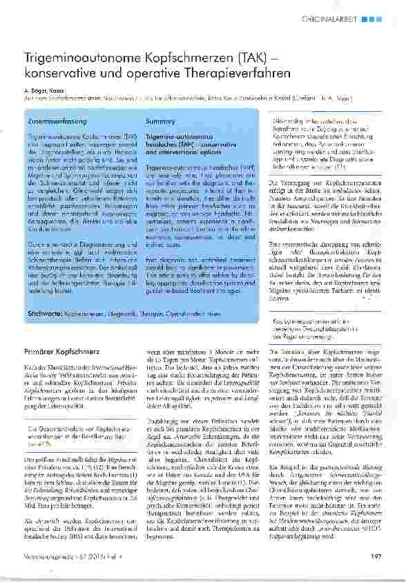 Vorschauseite 1: Trigeminoautonome Kopfschmerzen (TAK) -konservative und operative Therapieverfahren