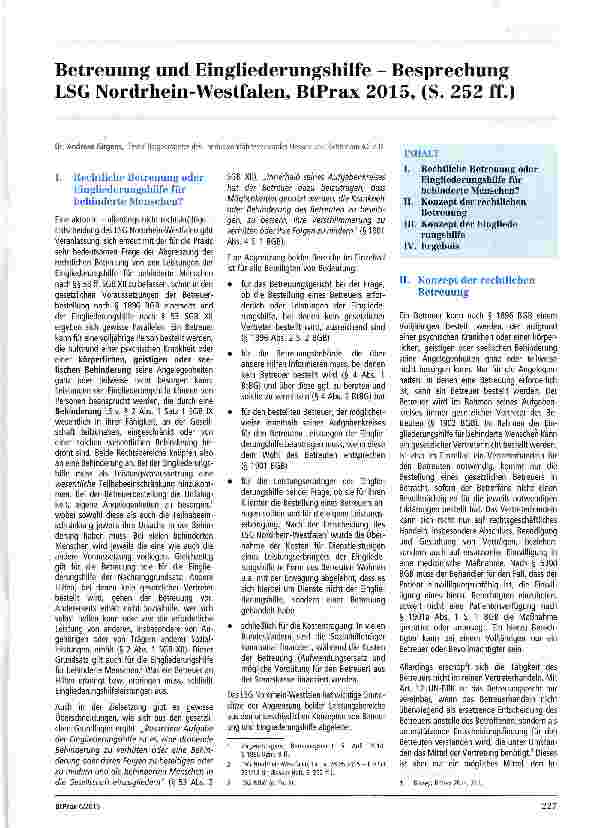 Vorschauseite 1: Betreuung und Eingliederungshilfe - Besprechung LSG Nordrhein-Westfalen, BtPrax 2015, (S. 252 ff. )