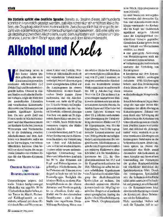 Vorschauseite 1: Alkohol und Krebs Die Statistik spricht eine deutliche Sprache