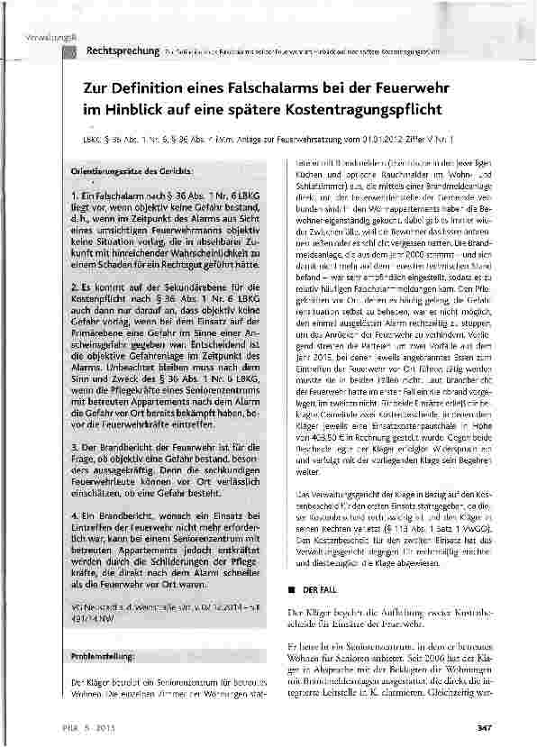 Vorschauseite 1: Zur Definition eines Falschalarms bei der Feuerwehr im Hinblick auf eine spätere Kostentragungspflicht