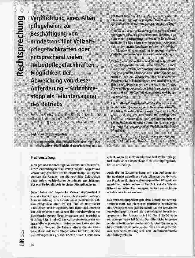 Vorschauseite 1: Verpflichtung eines Altenpflegeheims zur Beschäftigung von mindestens fünf Vollzeitpflegefachkräften oder entsprechend vielen Teilzeitpflegefachkräften -Möglichkeit der Abweichung…