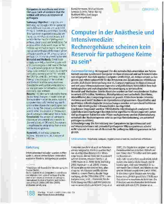 Vorschauseite 1: Computer in der Anästhesie und Intensivmedizin: Rechnergehäuse scheinen kein Reservoir für pathogene Keime zu sein
