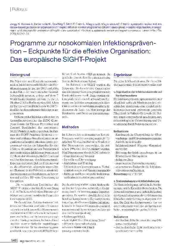 Vorschauseite 1: Programme zur nosokomialen Infektionsprävention. Eckpunkte für die effektive Organisation: Das europäische SIGHT-Projekt
