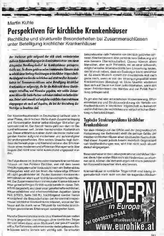 Vorschauseite 1: Perspektiven für kirchliche KrankenhäuserRechtliche und strukturelle Besonderheiten bei Zusammenschlüssen unter Beteiligung kirchlicher Krankenhäuser