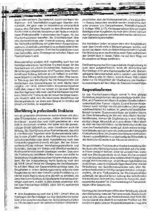 Vorschauseite 2: Perspektiven für kirchliche KrankenhäuserRechtliche und strukturelle Besonderheiten bei Zusammenschlüssen unter Beteiligung kirchlicher Krankenhäuser