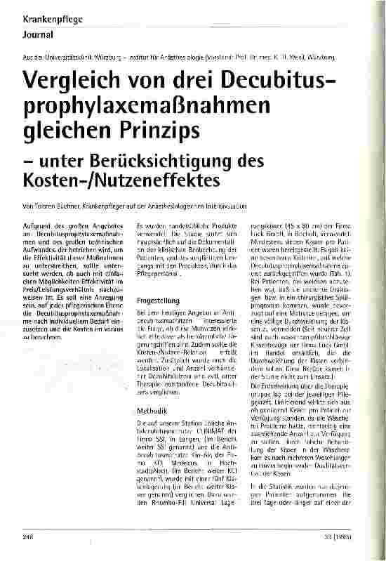 Vorschauseite 1: Vergleich von drei Decubitusprophylaxemaßnahmen gleichen Prinzips - unter Berücksichtigung des Kosten-/Nutzeffektes