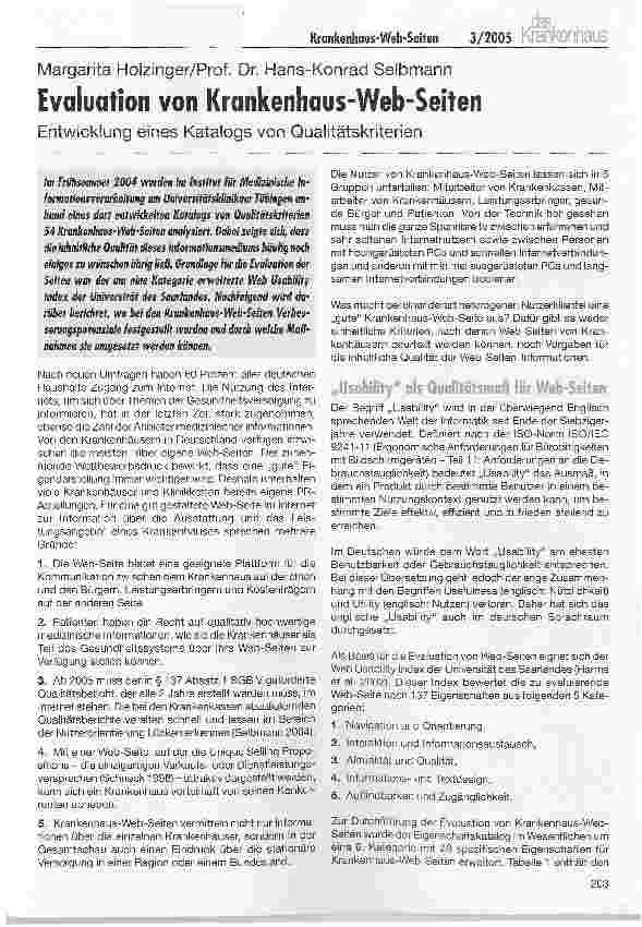 Vorschauseite 1: Evaluation von Krankenhaus-Web-SeitenEntwicklung eines Katalogs von Qualitätskriterien