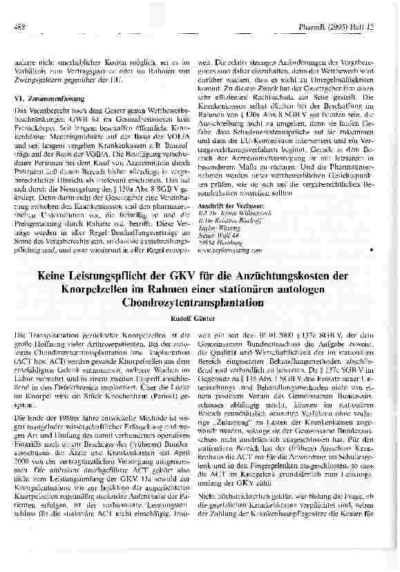 Vorschauseite 1: Keine Leistungspflicht der GKV für die Anzüchtungskosten derKnorpelzellen im Rahmen einer stationären autologenChondrozytentransplantation