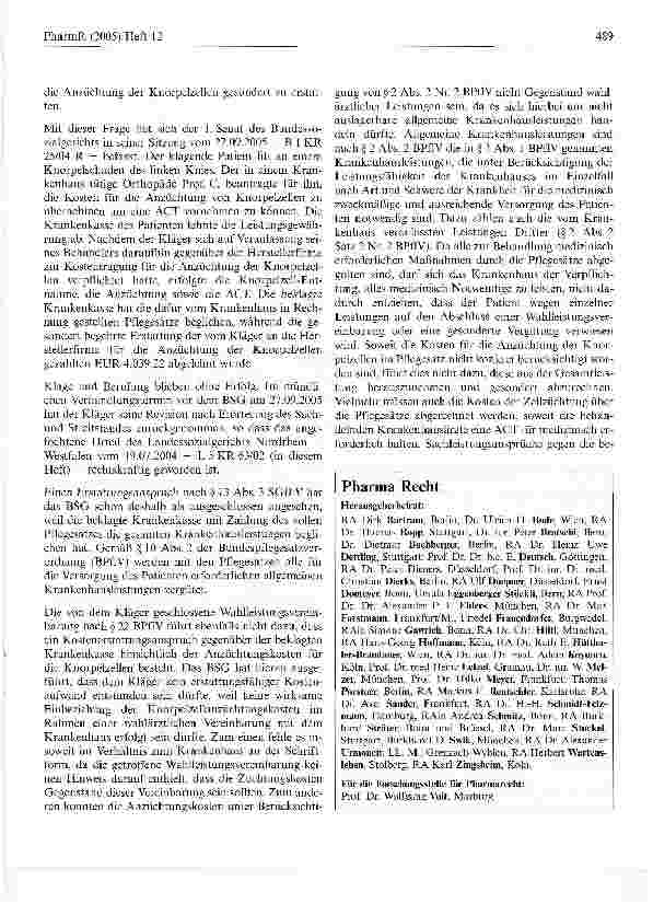 Vorschauseite 2: Keine Leistungspflicht der GKV für die Anzüchtungskosten derKnorpelzellen im Rahmen einer stationären autologenChondrozytentransplantation