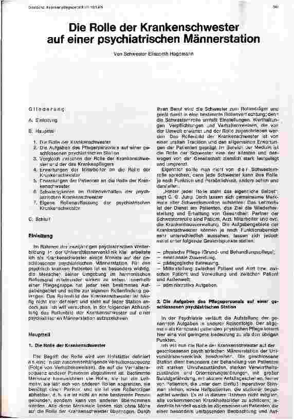 Vorschauseite 1: Die Rolle der Krankenschwester auf einer psychiatrischen Männerstation