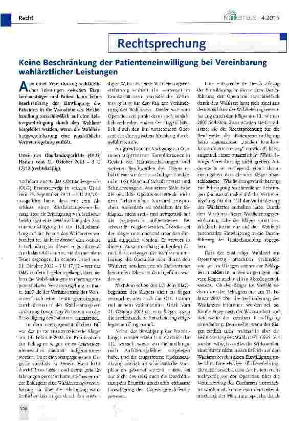 Vorschauseite 1: Keine Beschränkung der Patienteneinwilligung bei Vereinbarung wahlärztlicher Leistungen