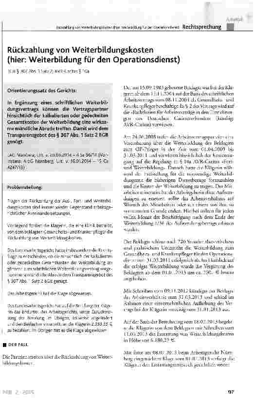 Vorschauseite 1: Rückzahlung von Weiterbildungskosten (hier: Weiterbildung für den Operationsdienst)BGB § 307 Abs. 1 Satz 2; AVR-Caritas § 10a