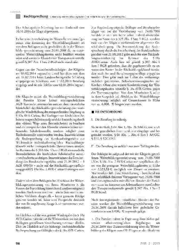 Vorschauseite 2: Rückzahlung von Weiterbildungskosten (hier: Weiterbildung für den Operationsdienst)BGB § 307 Abs. 1 Satz 2; AVR-Caritas § 10a