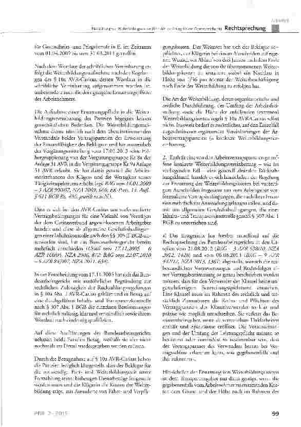 Vorschauseite 3: Rückzahlung von Weiterbildungskosten (hier: Weiterbildung für den Operationsdienst)BGB § 307 Abs. 1 Satz 2; AVR-Caritas § 10a