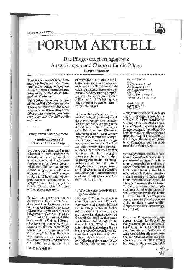 Vorschauseite 1: Das Pflegeversicherungsgesetz Auswirkungen und Chancen für die Pflege Forum Akutell