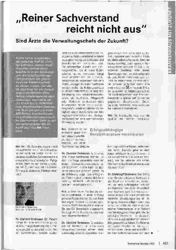 Vorschauseite 1: Reiner Sachverstandreicht nicht aus Sind Ärzte die Verwaltungschefs der Zukunft?