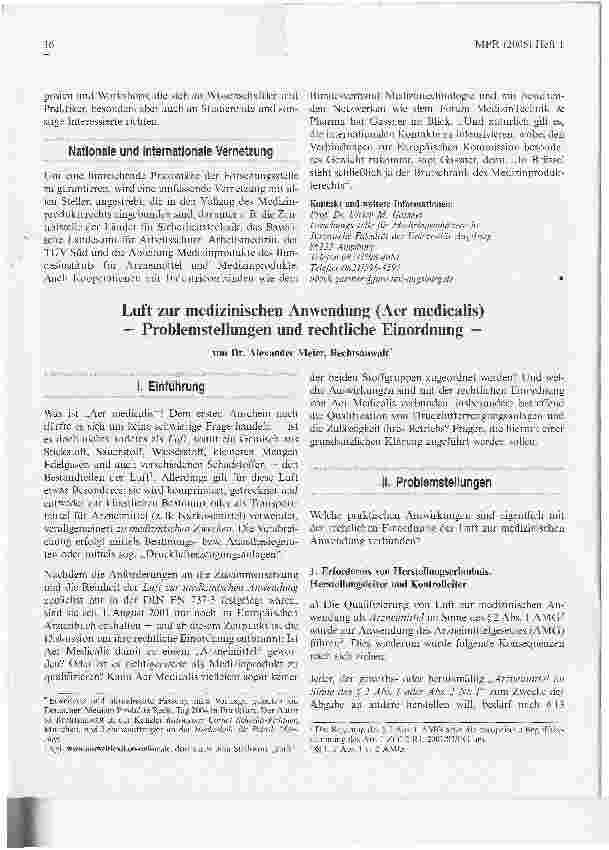 Vorschauseite 1: Luft zur medizinischen Anwendung (Aer medicalis) - Problemstellungen und rechtliche Einordnung -