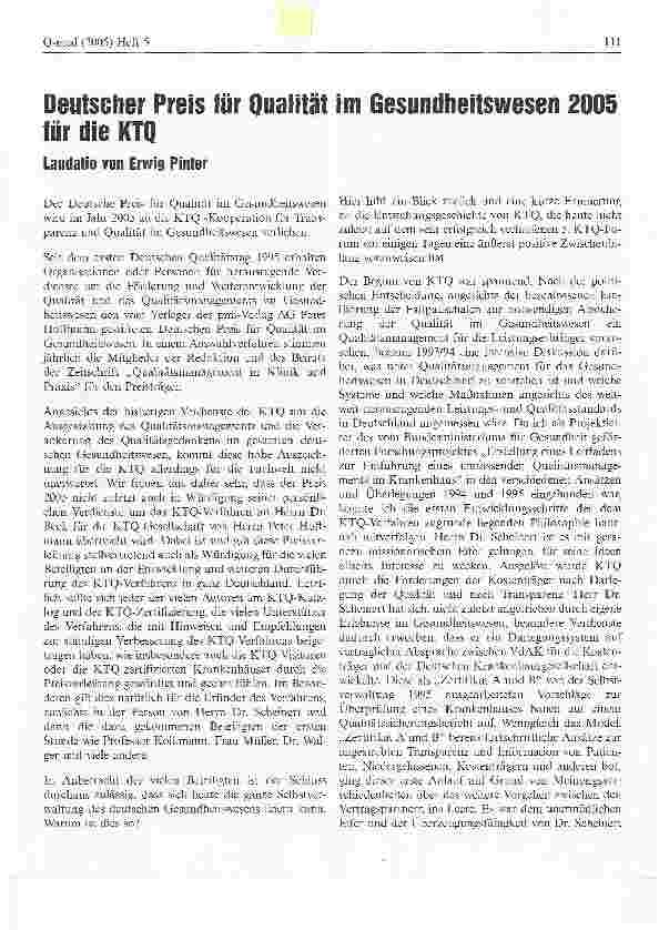 Vorschauseite 1: Deutscher Preis für Qualität im Gesundheitswesen 2005 für die KTQ