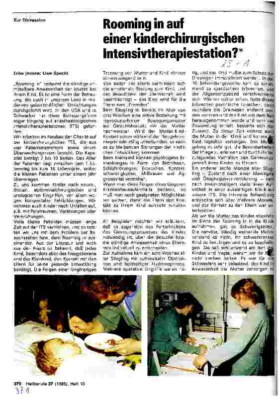 Vorschauseite 1: Rooming in auf einer kinderchirurgischen Intensivtherapiestation?