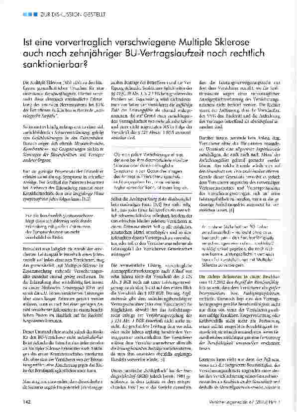 Vorschauseite 1: Ist eine Vorvertrag lieh verschwiegene Multiple Sklerose auch nach zehnjähriger BU-Vertragslaufzeit noch rechtlich sanktionierbar?