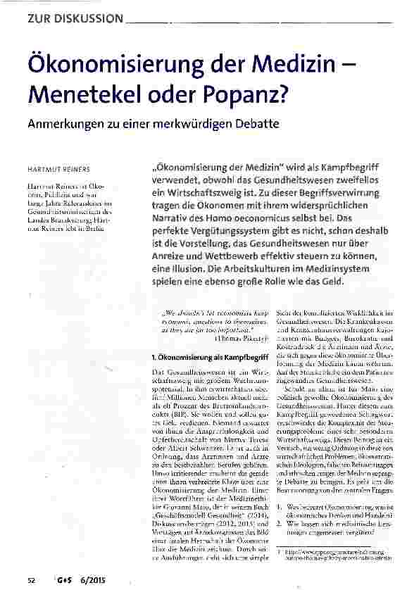 Vorschauseite 1: Ökonomisierung der Medizin Menetekel oder Popanz?
