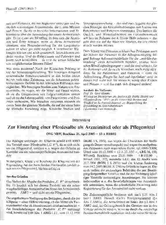 Vorschauseite 1: Zur Einstufung einer Pferdesalbe als Arzneimittel oder als Pflegemittel
