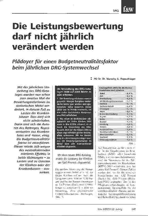 Vorschauseite 1: Die Leistungsbewertung darf nicht jährlich verändert werdenPlädoyer für einen Budgetneutralitätsfaktor beim jährlichen DRG-Systemwechsel