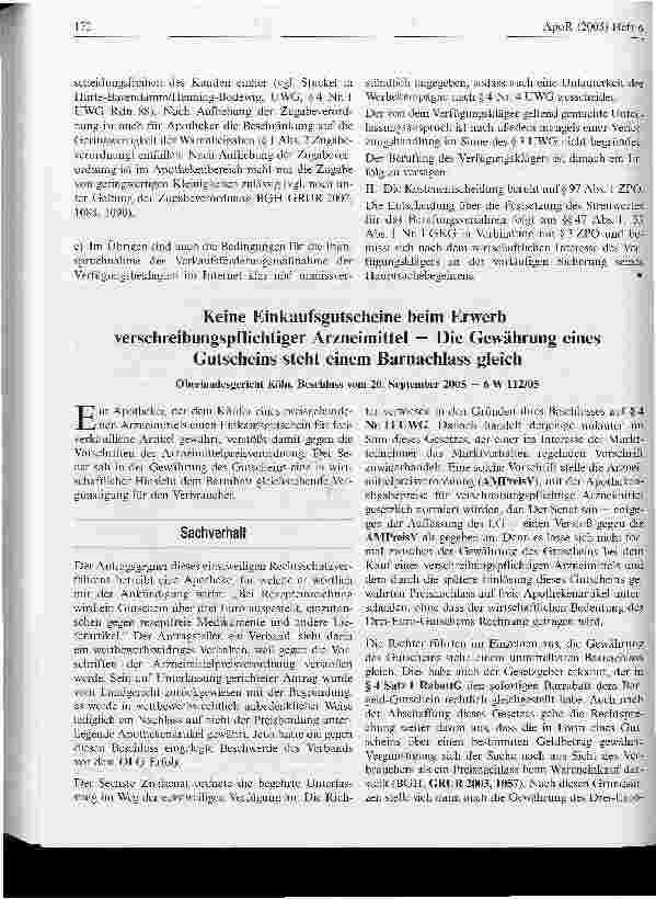 Vorschauseite 1: Keine Einkaufsgutscheine beim Erwerbverschreibungspflichtiger Arzneimittel - Die Gewährung eines Gutscheins steht einem Barnachlass gleich