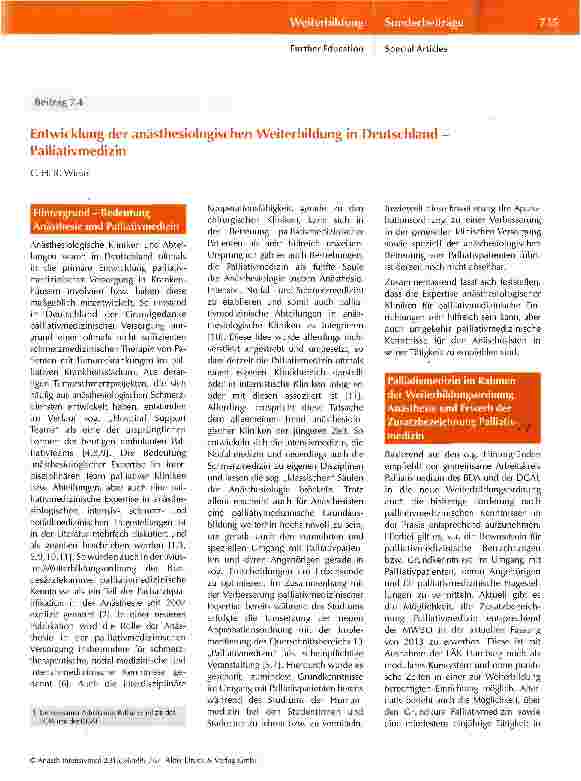 Vorschauseite 1: Entwicklung der anästhesiologischen Weiterbildung in Deutschland Palliativmedizin