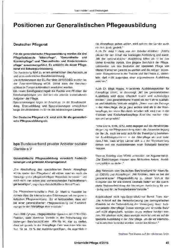 Vorschauseite 1: Positionen zur Generalistischen Pflegeausbildung
