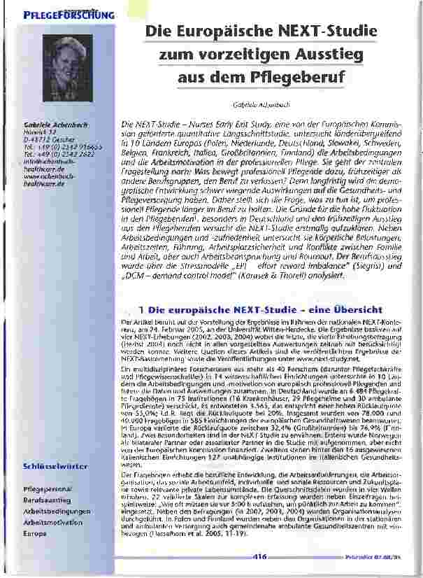 Vorschauseite 1: Die Europäische NEXT-Studie zum vorzeitigen Ausstieg aus dem Pflegeberuf