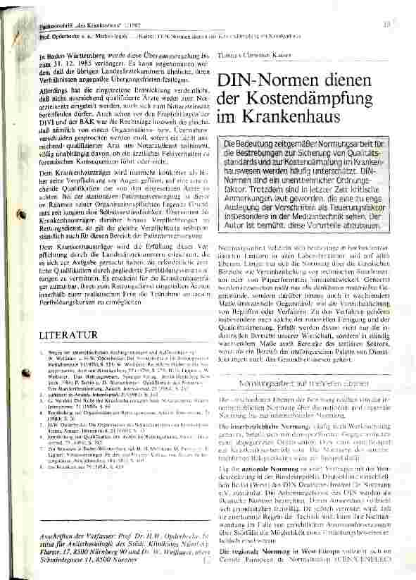 Vorschauseite 1: DIN - Normen dienen der Kostendämpfung im Krankenhaus