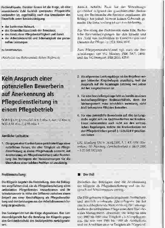 Vorschauseite 1: Kein Anspruch einer potenziellen Bewerberin auf Anerkennung als Pflegedienstleitung in einem Pflegebetrieb