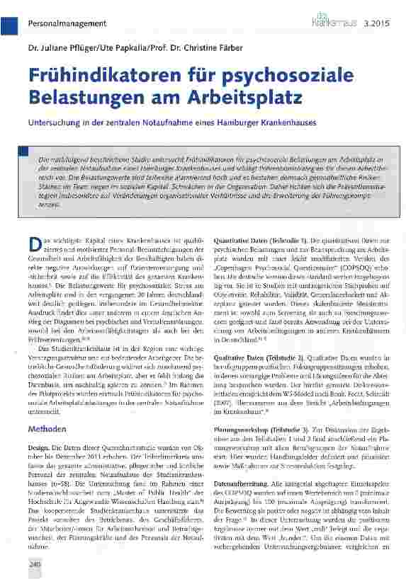 Vorschauseite 1: Frühindikatoren für psychosoziale Belastungen am Arbeitsplatz