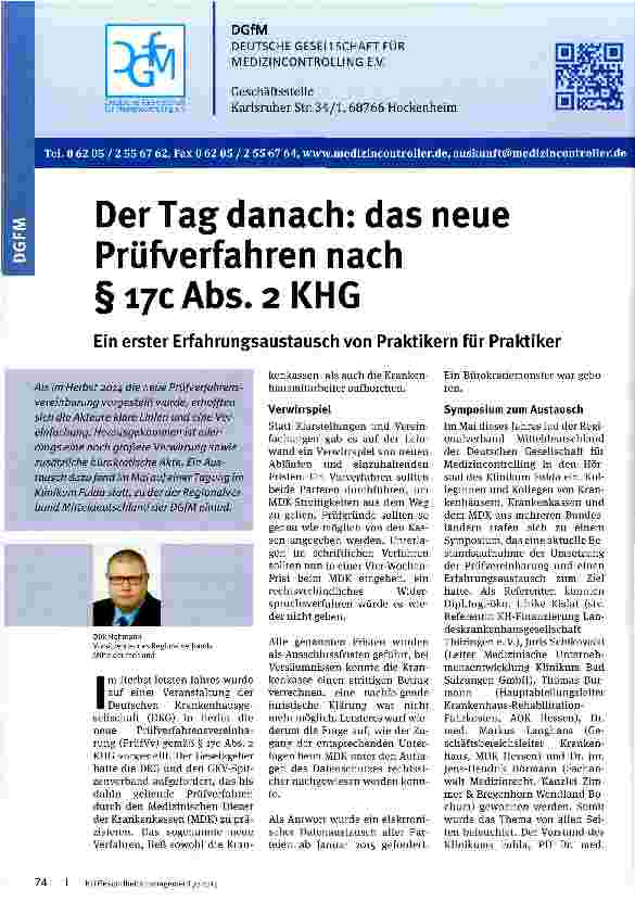 Vorschauseite 1: Der Tag danach: das neue Prüfverfahren nach §i7cAbs.2KHG Ein erster Erfahrungsaustausch von Praktikern für Praktiker